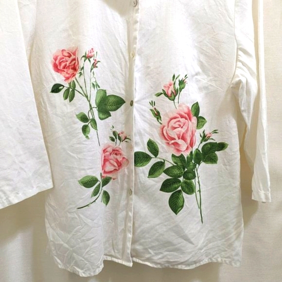 Irish Linen Button White Floral Blouse 3/4 Sleeves - Sz M - Picture 2 of 4